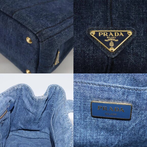PRADA Canapa PM Hand Bag Denim Blue Gold Auth am7316V - Picture 13 of 15